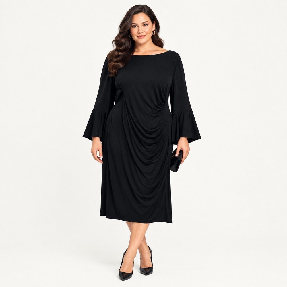 Lauren Ralph Lauren Dress Black Side Drape Bell Sleeve Jersey Sheath 16 Party
